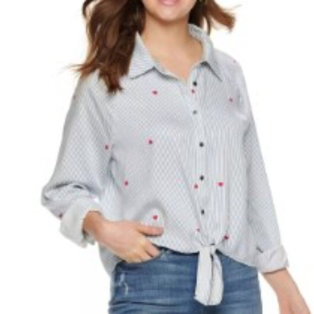 Love Fire Junior's Long Sleeve Knotted Front Button Down Shirt Blue Size Medium